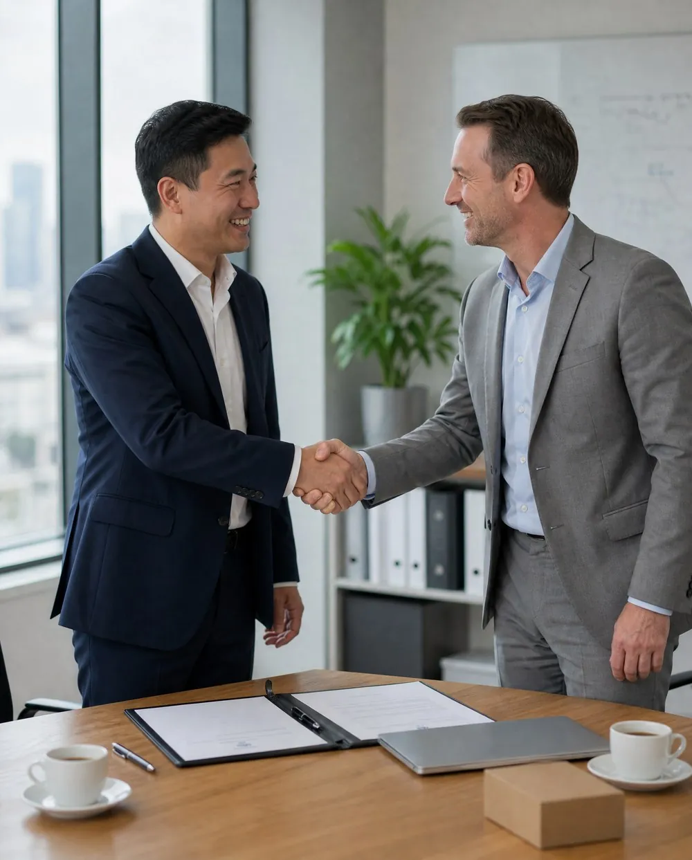 A Rich Medical export manager and an overseas buyer shaking hands over a signed private-label agreement in a bright office