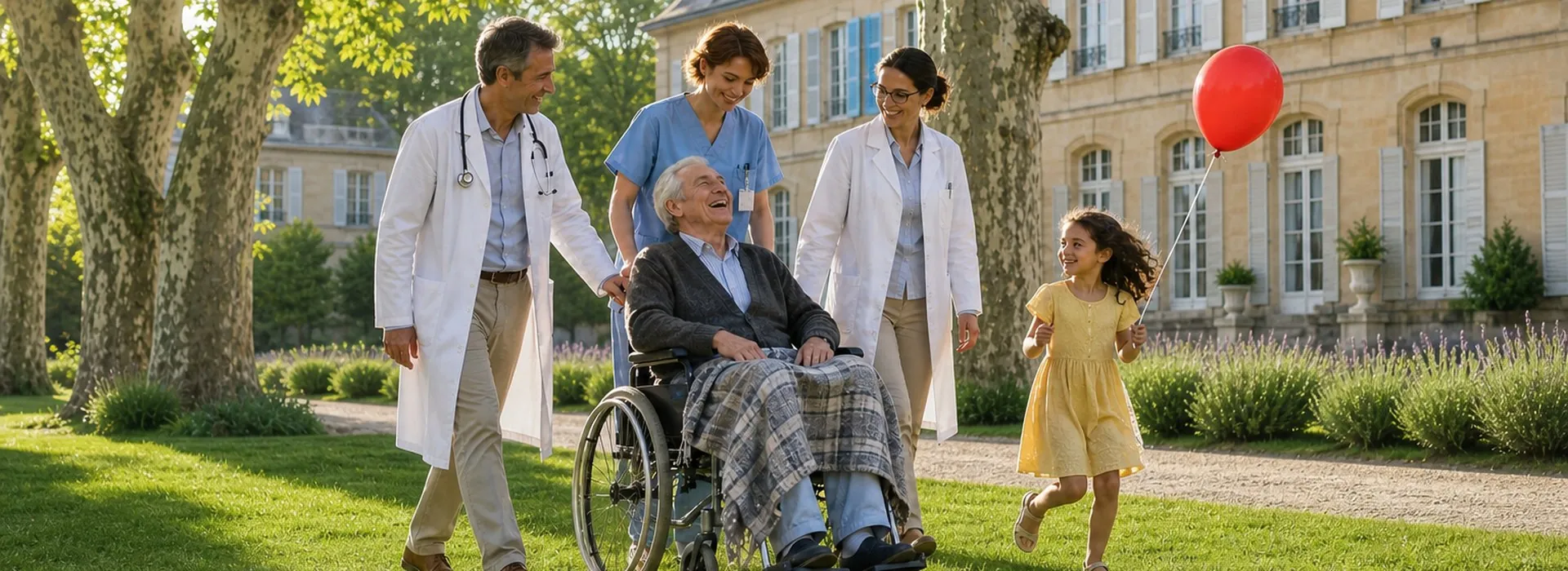 On a fresh spring morning, a nurse wheels a patient out of a French hospital across a green lawn, two doctors walking either side and a child running ahead with a red balloon