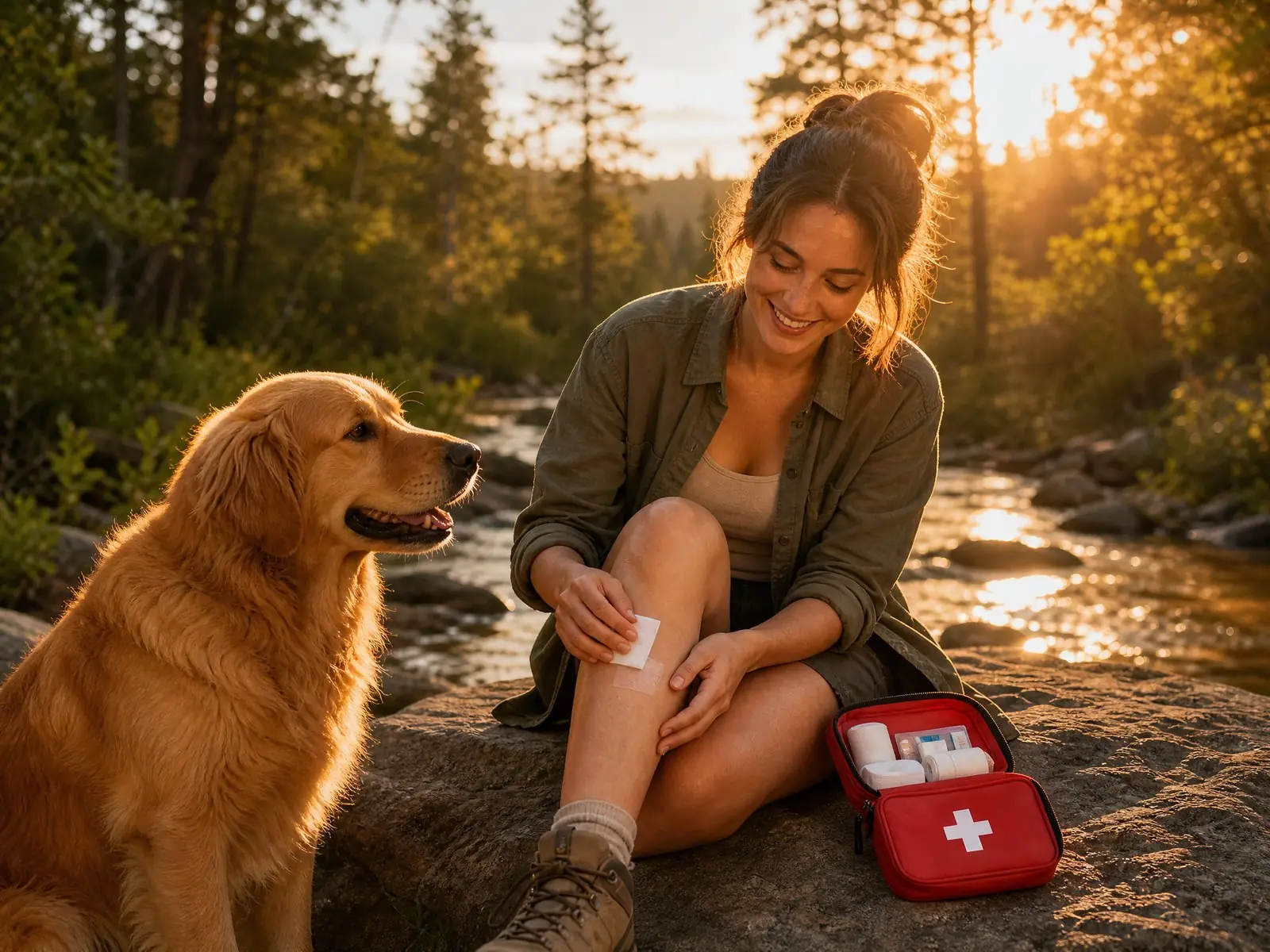 A woman sits on a rock beside a forest stream at sunset and covers a small cut on her shin with a dressing, an open red first aid kit beside her and a golden retriever watching