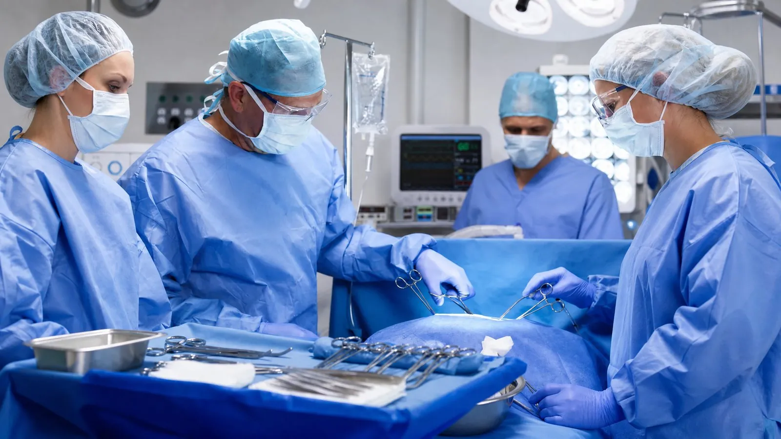 Four surgeons in blue gowns, caps and masks operating in a modern theatre, instrument tray and monitor in view