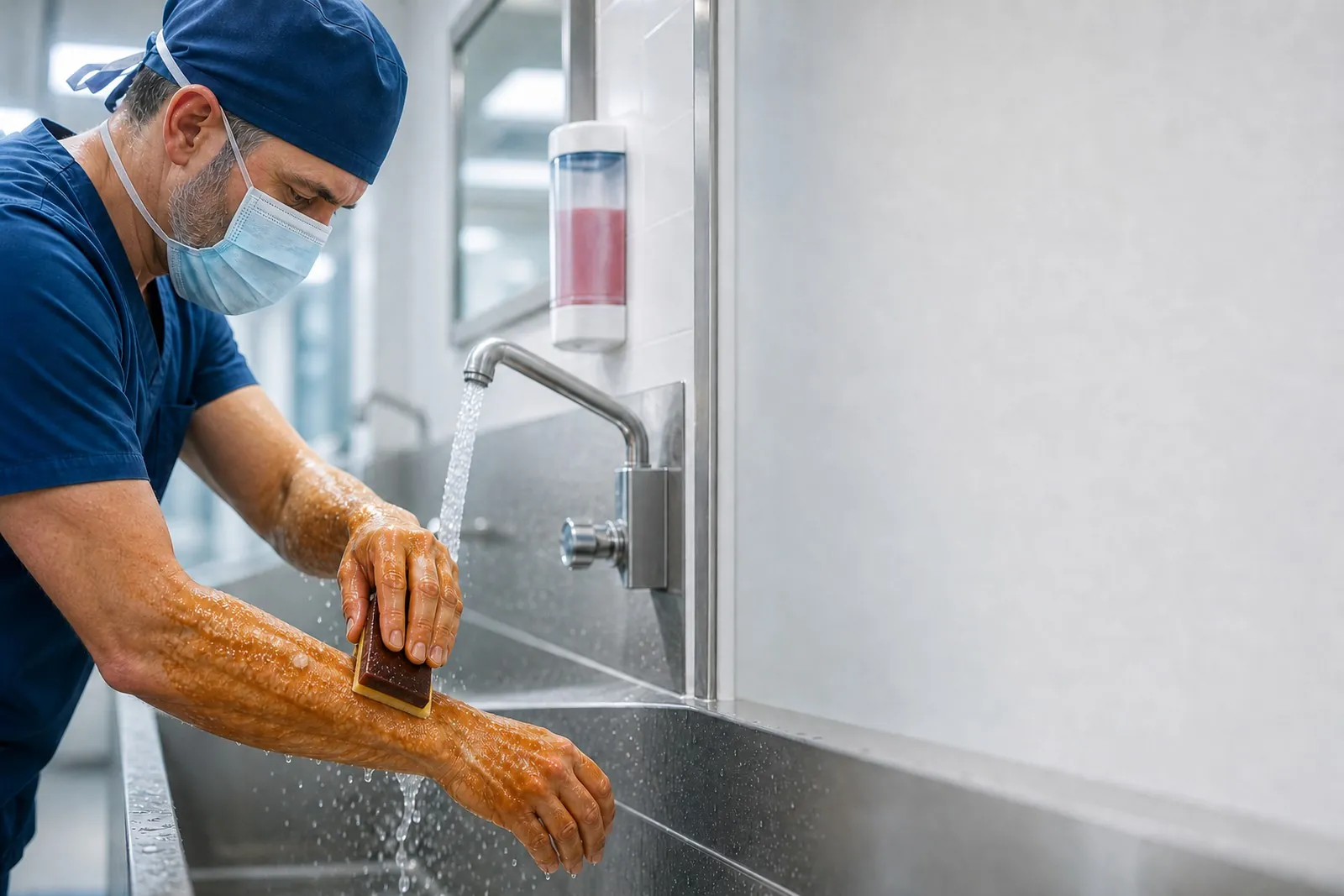 A surgeon in navy scrubs scrubs his forearm with a povidone-iodine sponge scrub brush at a stainless steel scrub sink before an operation