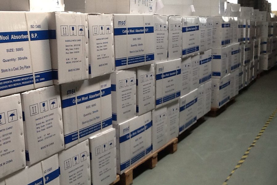 Palletised export cartons in the finished-goods warehouse