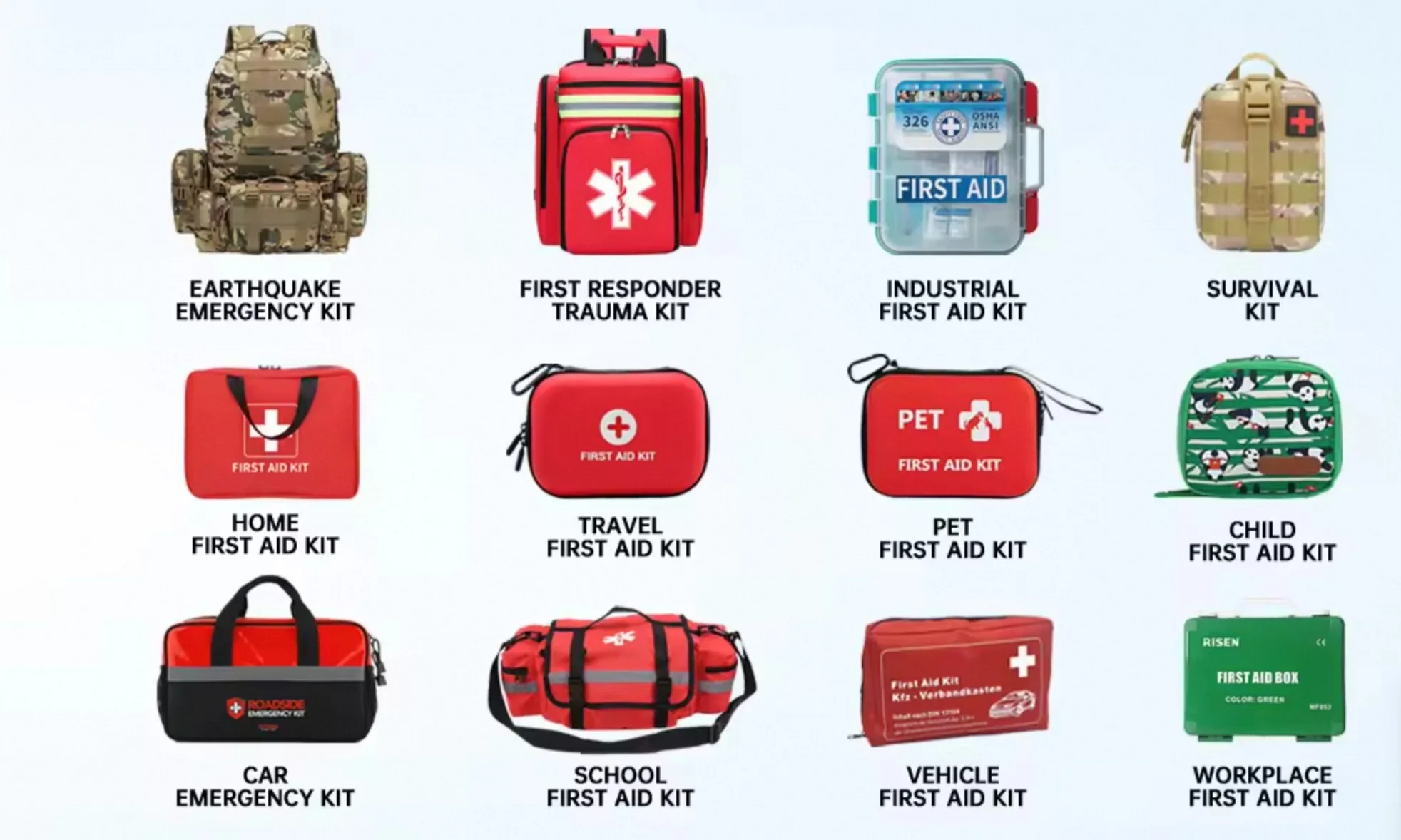 Twelve first aid kit configurations: earthquake, first responder trauma, industrial, survival, home, travel, pet, child, car, school, vehicle and workplace kits